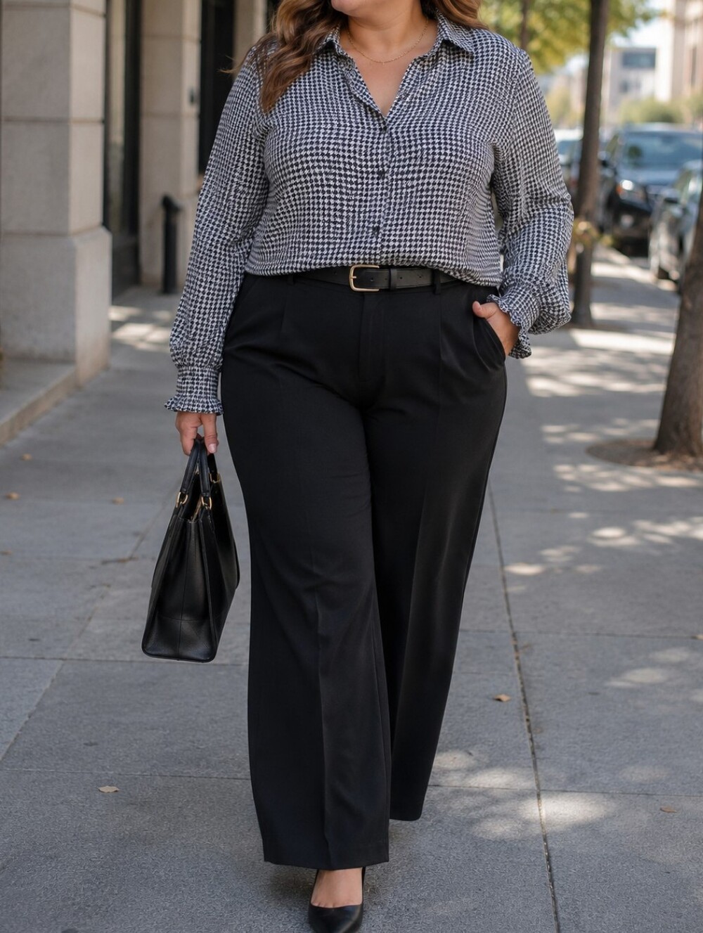 Tamara H Plus Size Black White Houndstooth Button Down Blouse Shirt Career